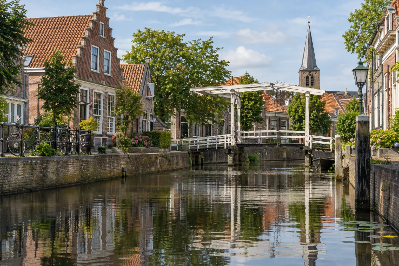 Gegenereerd sfeerbeeld van een gracht met een witte ophaalbrug, bakstenen huizen en een kerktoren.